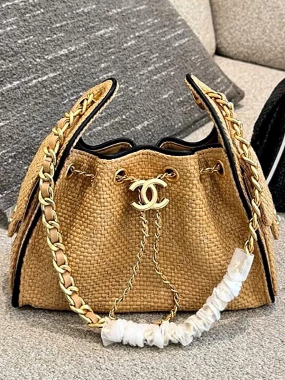 CC Raffia Drawstring 25 Mini Bucket Bag Tan